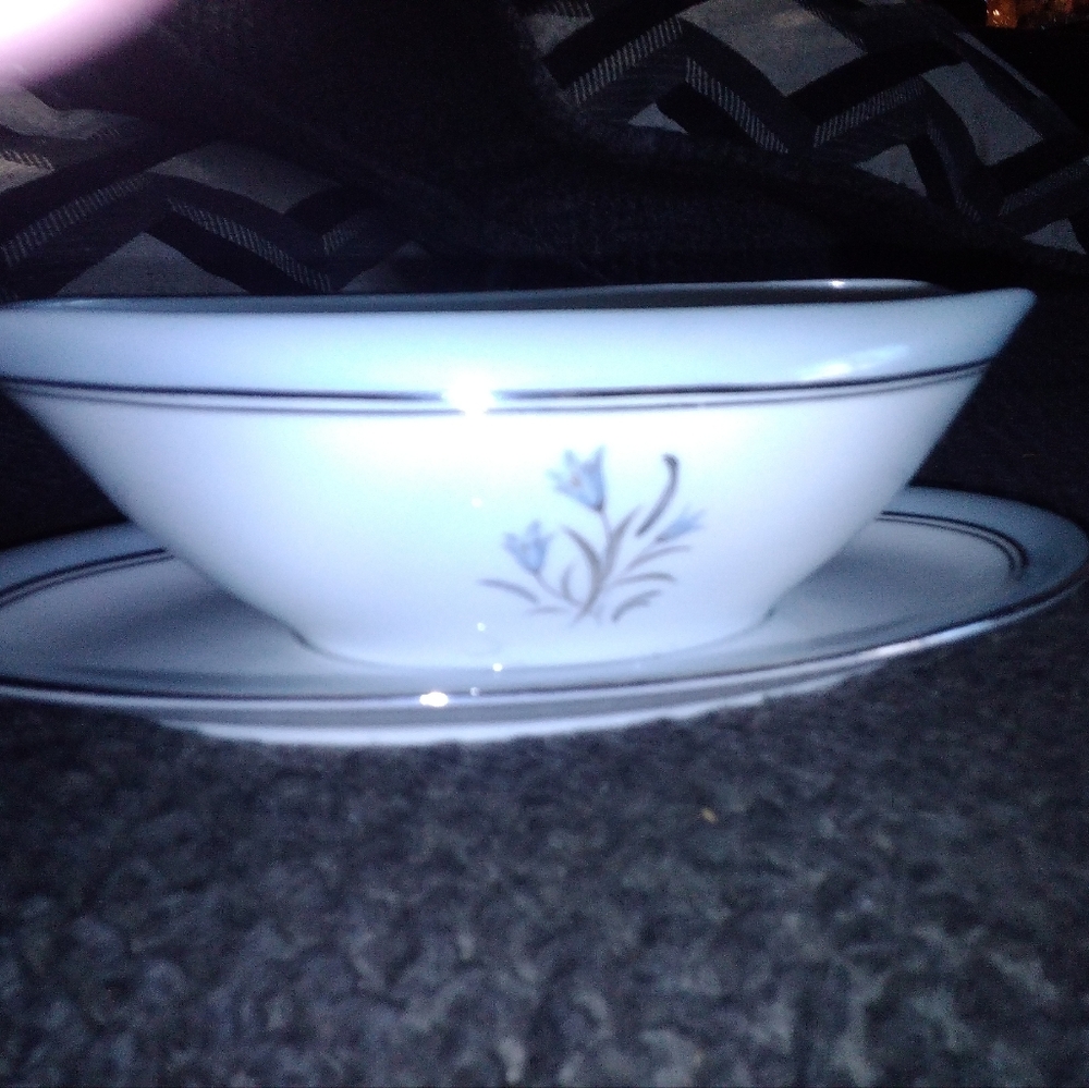 Noritake Blue Bell China gravy boat w/attached under plate
